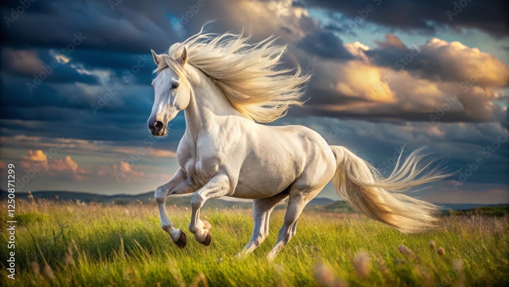 Obraz premium Albino horse galloping through an open meadow capturing motion and freedom in nature high-resolution portrait dynamic environment dramatic viewpoint