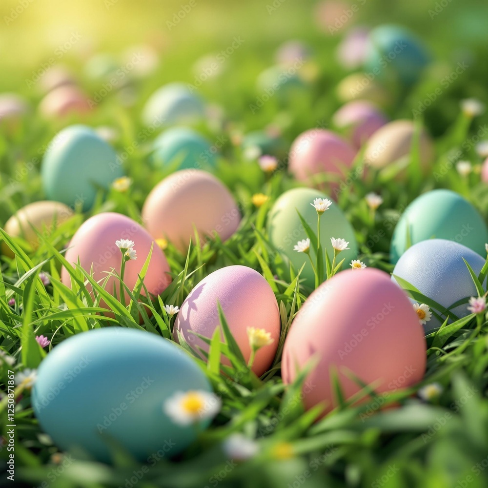 Easter egg hunt, spring Holiday celebration. Pastel color eggs in nature on grass, easter celebration concept, happy easter 2025, created with generative ai Easter egg hunt, spring Holiday celebration. Pastel color eggs in nature on grass, easter celebration concept, happy easter 2025, created with generative ai