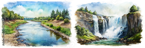 Scenic watercolor landscape, flowing river, majestic waterfall, lush greenery, serene nature, outdoor beauty, tranquil environment.