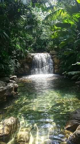 Serene Waterfall Flowing Into Tranquil Pool Surrounded by Lush Foliage