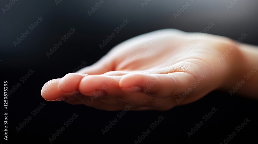 Close up of an open hand showing hospitality and openness emphasizing human connection and trust against a dark background : Generative AI Close up of an open hand showing hospitality and openness emphasizing human connection and trust against a dark background : Generative AI