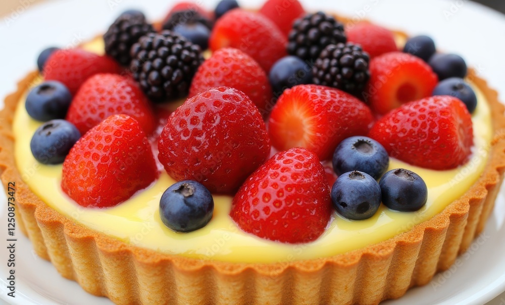 Delicious fruit tart topped with berries Delicious fruit tart topped with berries
