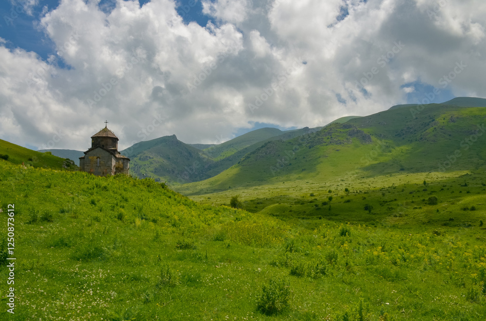 Dobandavank monastery surroundedd by mountains of Lesser Caucasus (Lori province, Armenia)