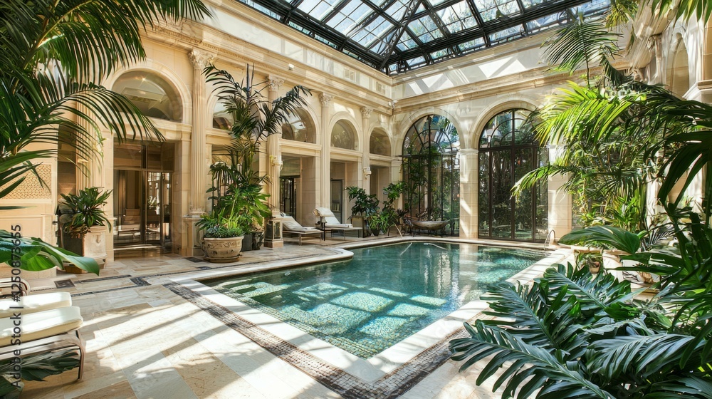 Luxurious Indoor Pool Surrounded by Lush Greenery and Sunlight Luxurious Indoor Pool Surrounded by Lush Greenery and Sunlight