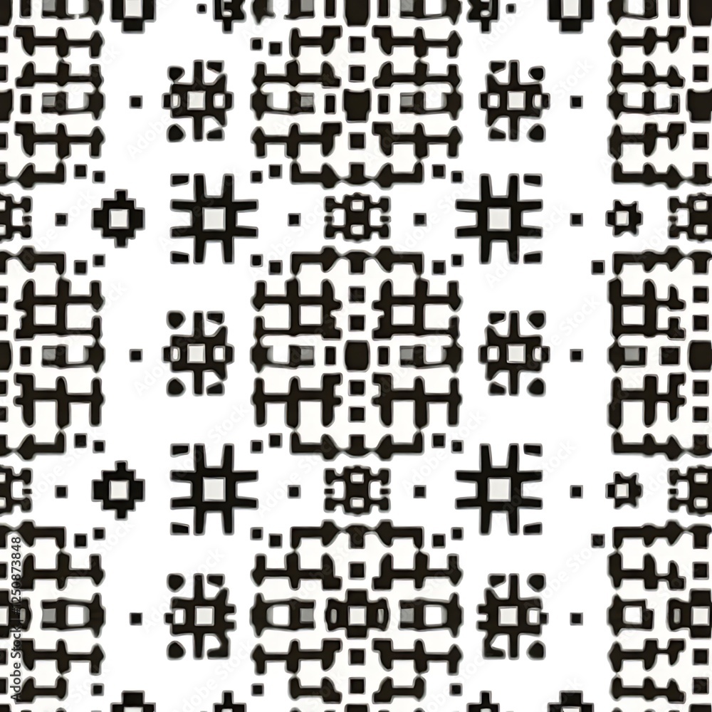 Geometric Black and White Pattern: A captivating seamless pattern featuring a bold interplay of black and white geometric shapes, creating a striking visual rhythm. Perfect for textiles, wallpapers. Geometric Black and White Pattern: A captivating seamless pattern featuring a bold interplay of black and white geometric shapes, creating a striking visual rhythm. Perfect for textiles, wallpapers.