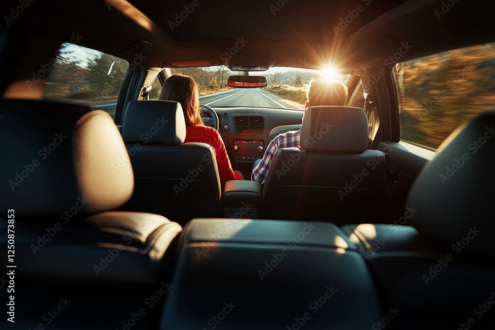 Engaged couple enjoying a scenic road trip during golden hour with sunlight streaming through the windshield Engaged couple enjoying a scenic road trip during golden hour with sunlight streaming through the windshield