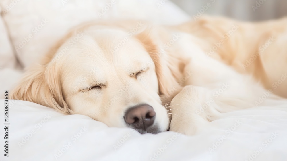 Obraz premium Adorable golden retriever puppy sleeping peacefully on soft white bedding in cozy home setting : Generative AI