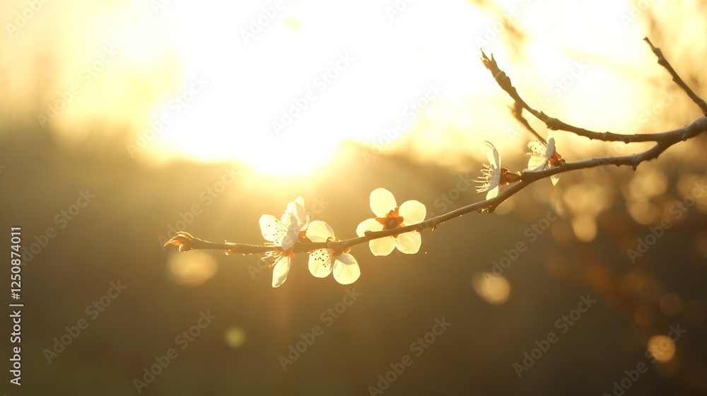 Fototapeta premium Beautiful flowering branch with delicate blossoms illuminated by golden sunlight during dawn or dusk : Generative AI