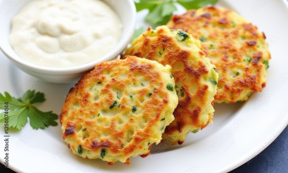 Delicious golden vegetable fritters with sauce Delicious golden vegetable fritters with sauce