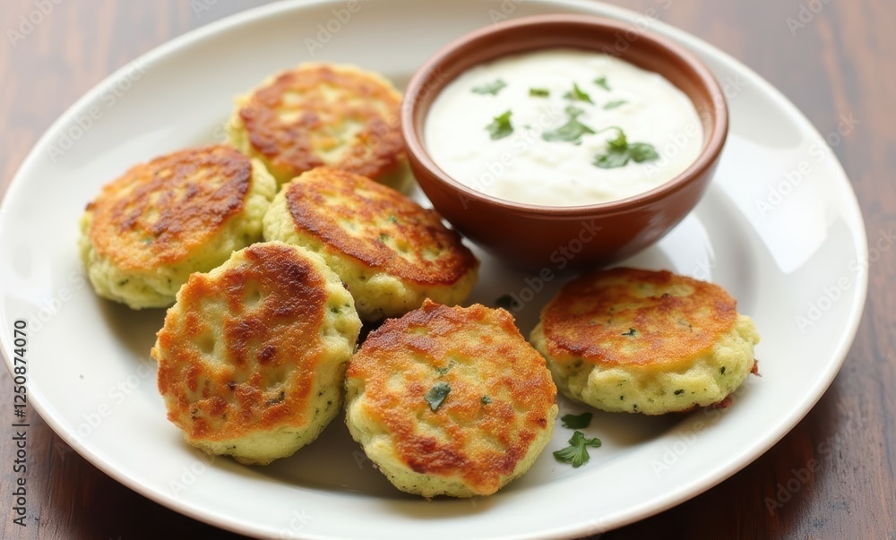 Delicious golden vegetarian patties with dip Delicious golden vegetarian patties with dip