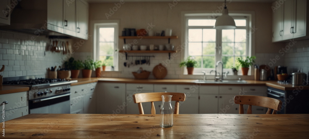 Wooden table in kitchen with space for text Wooden table in kitchen with space for text