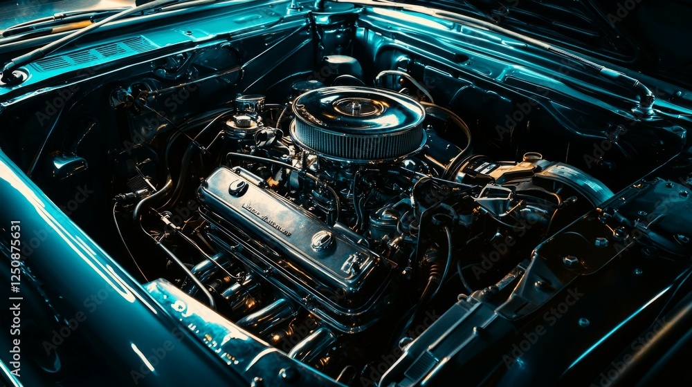 Classic Car Engine Close-Up in Gleaming Chrome Finish and Lights Classic Car Engine Close-Up in Gleaming Chrome Finish and Lights