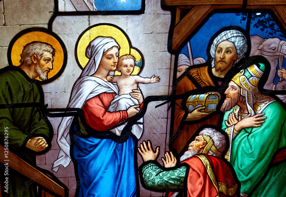 Obraz premium Stained glass (19th century) of Christmas Nativity Scene : Adoration of the Magi as they present gifts of gold, frankincense and myrrh to the Infant Jesus.