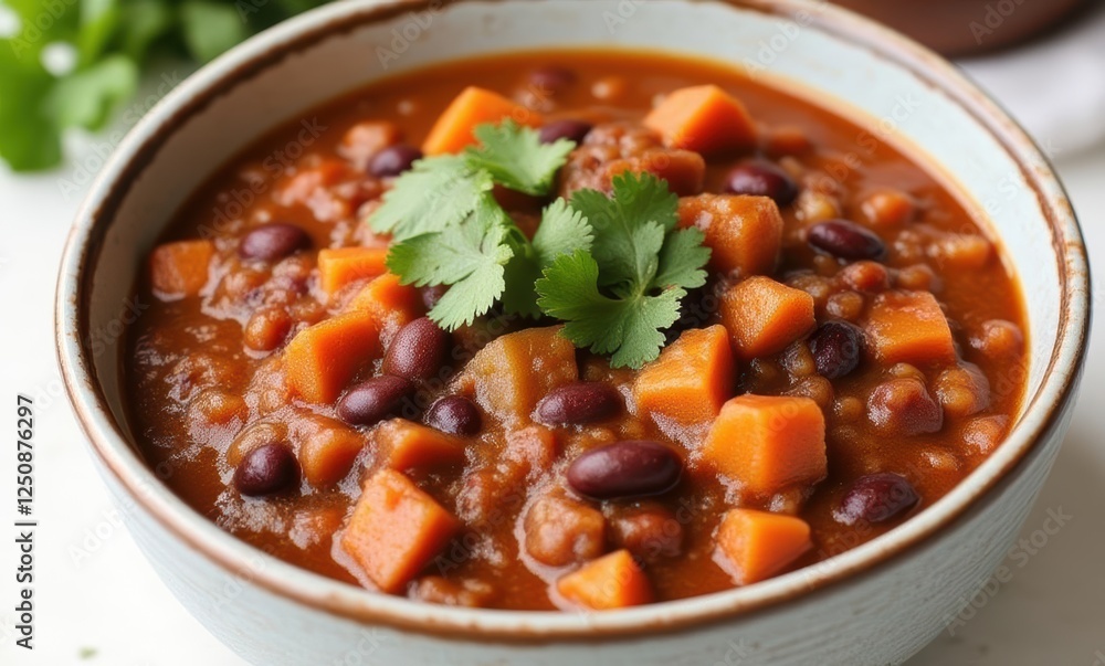 Vegetarian chili in a bowl with cilantro garnish Vegetarian chili in a bowl with cilantro garnish