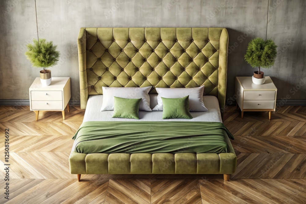 Modern minimalist bedroom: olive green bed frame, stylish decor, top-view showcasing sleek design. Modern minimalist bedroom: olive green bed frame, stylish decor, top-view showcasing sleek design.