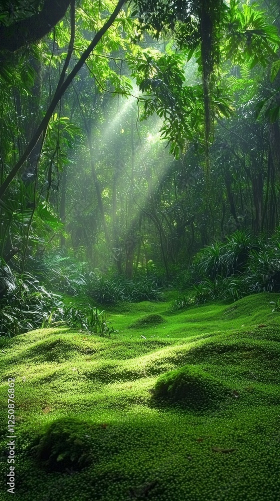 Obraz premium Sunlight Streaming Through Lush Green Jungle Landscape in Nature