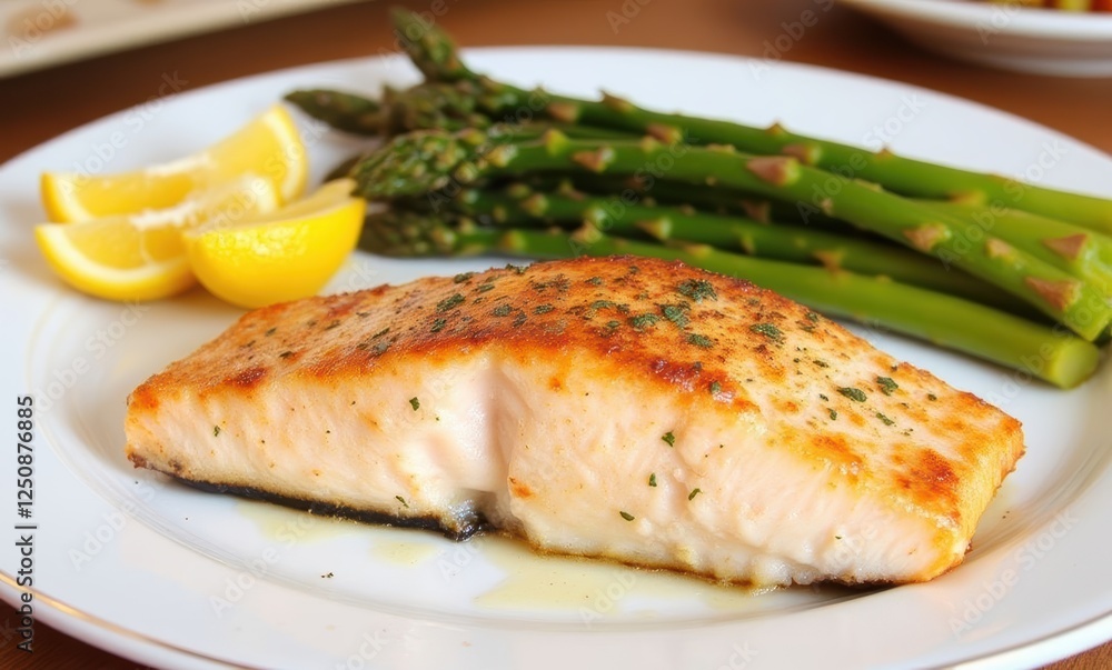 Delicious grilled salmon with asparagus garnish Delicious grilled salmon with asparagus garnish