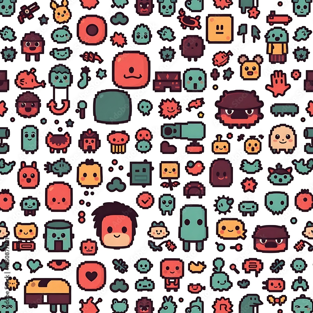 Obraz premium Pixelated Joyride: A whimsical, vibrant seamless pattern featuring a delightful array of pixel art characters and objects. Each tiny figure adds a playful charm to the background.