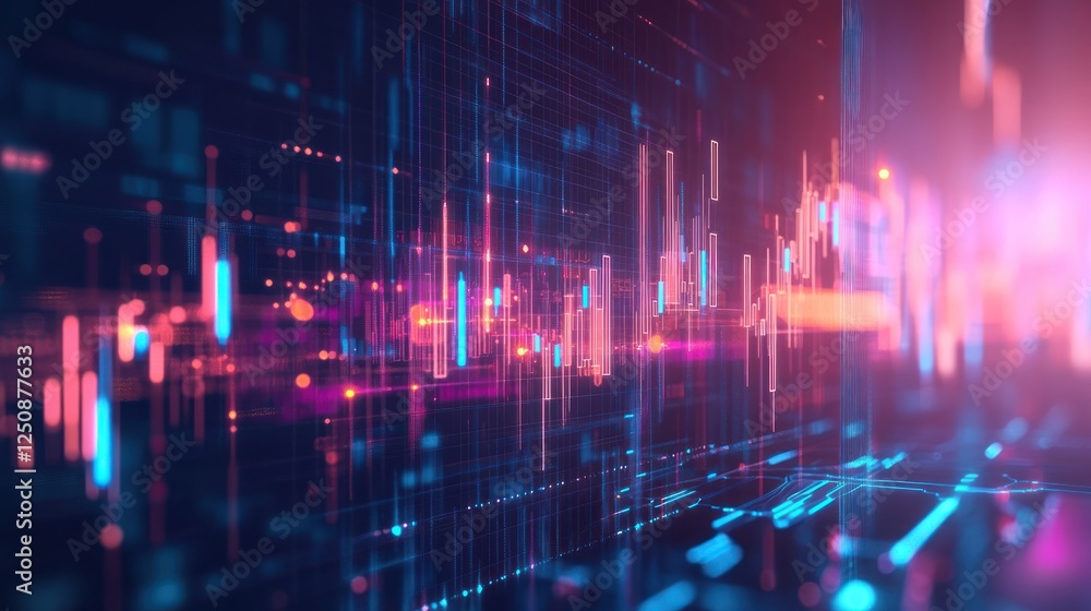 Fototapeta premium Abstract digital data visualization with glowing lines and bars, representing technological information flow.