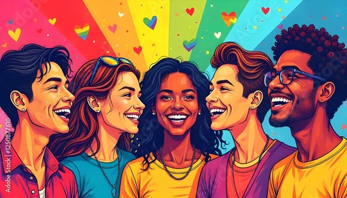 A vibrant pop art illustration featuring a diverse group of people celebrating zero discrimination day