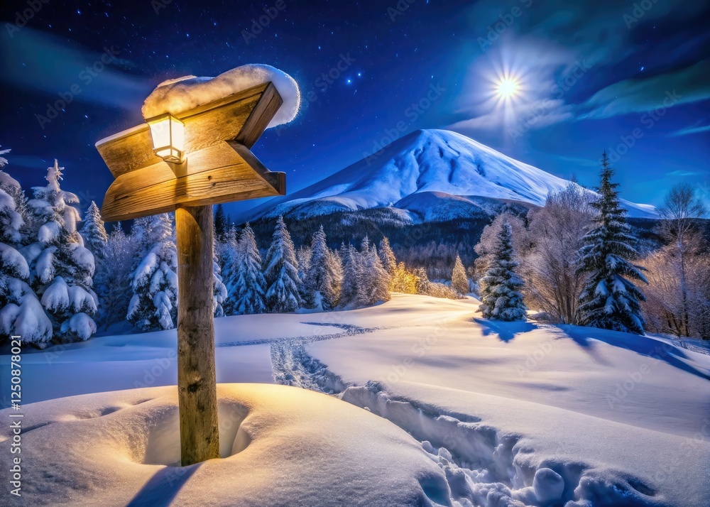 Fototapeta premium November 14th, 2024: Hokkaido's winter night reveals a shelter route sign, a stark Japanese landscape.