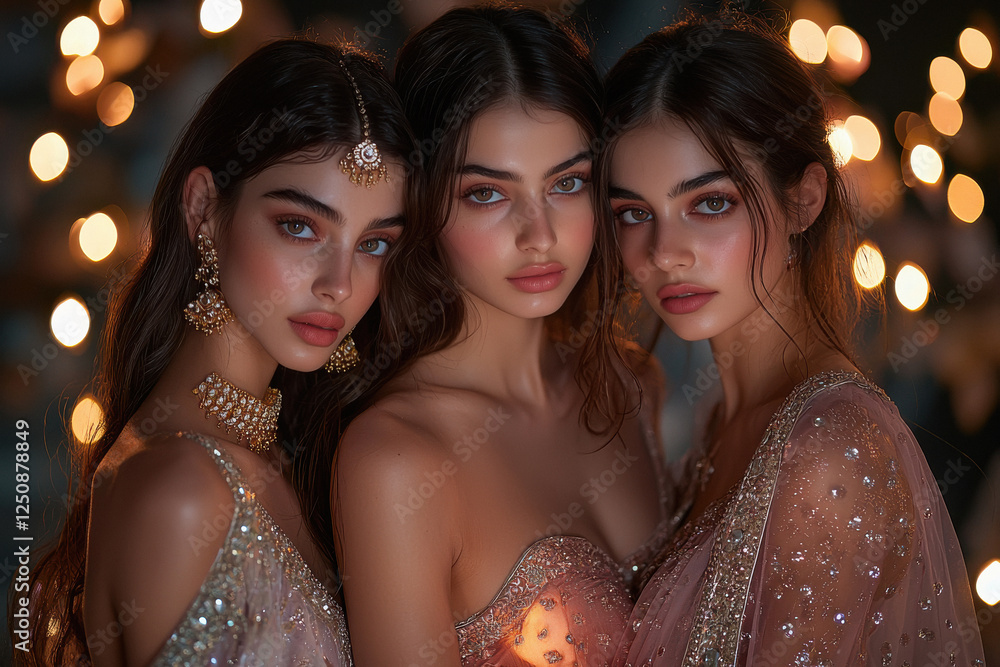 three smiling Indian women with flawless makeup and elegance. The models are posing in a luxurious setting with warm lighting, surrounded by softly glowing diyas. three smiling Indian women with flawless makeup and elegance. The models are posing in a luxurious setting with warm lighting, surrounded by softly glowing diyas.