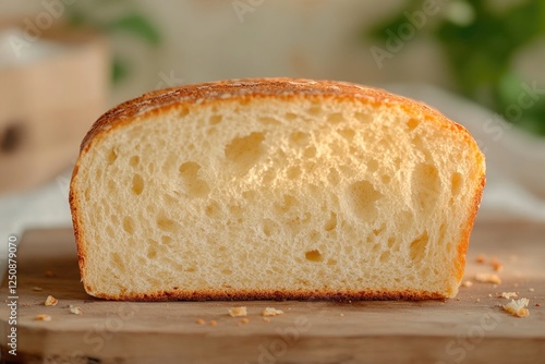 Freshly baked loaf of bread sitting on a clean cutting board, ready for slicing