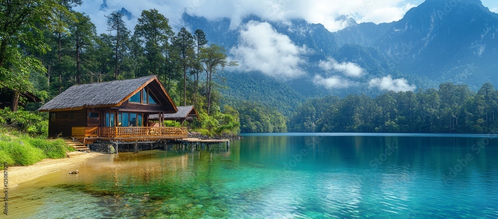 Naklejka premium Lakeside cabin, mountain view, tranquil escape. Vacation rental