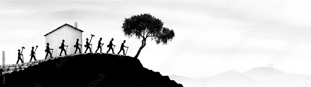 Silhouettes of workers walking towards house on hill, conveying unity Silhouettes of workers walking towards house on hill, conveying unity