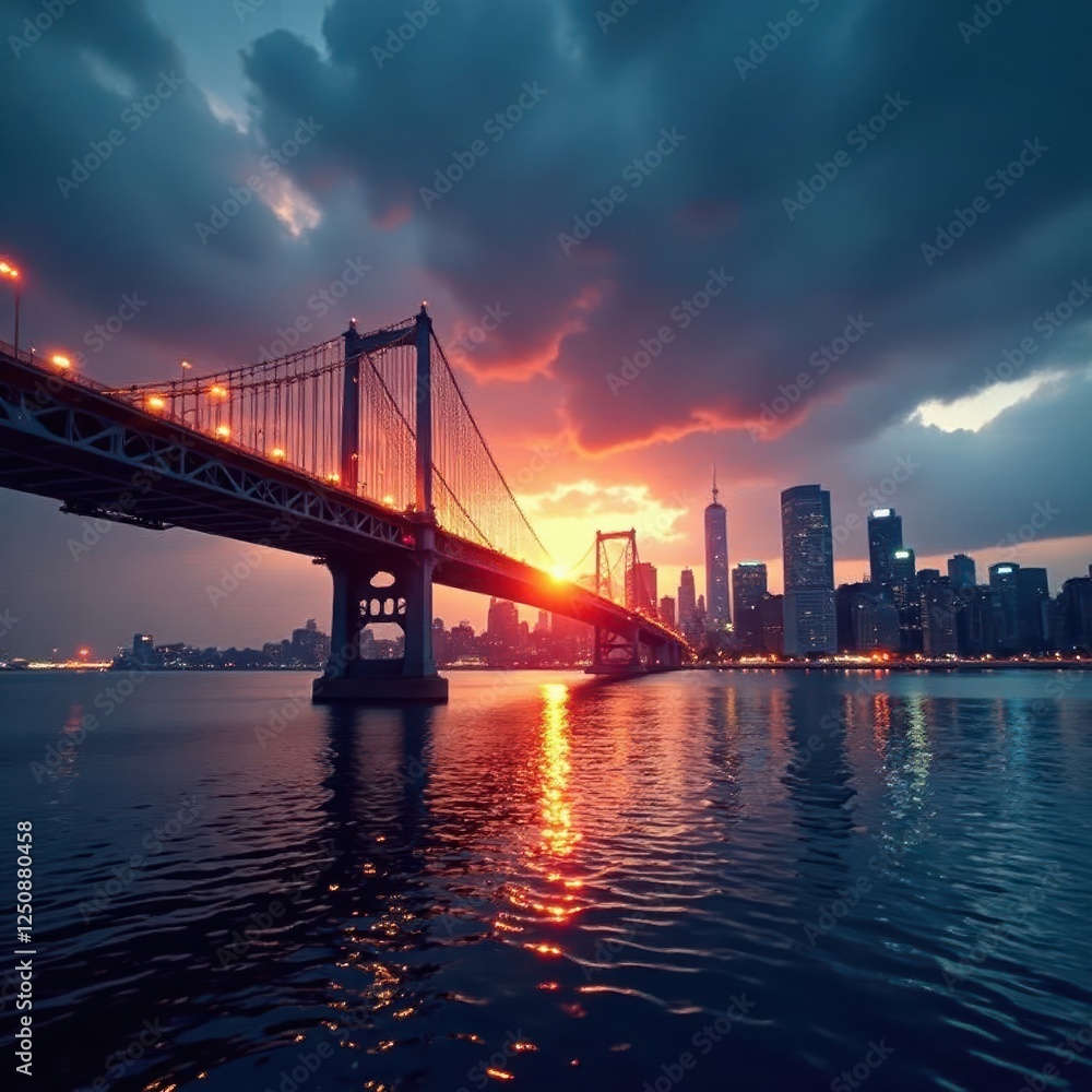 Fototapeta premium Sleek bridge structure against dramatic cityscape backdrop , architecture, uk, city