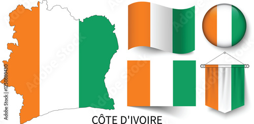 The different designs of Ivory Coast's national flags and the map showing Ivory Coast's borders