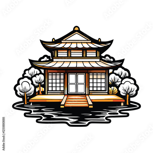 Create a detailed vector illustration of a traditional Japanese tea house nestled beside a serene pond, featuring intricate wooden details and a peaceful garden setting.