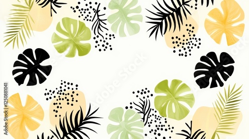 A vibrant design featuring tropical leaves and abstract shapes on a light background.