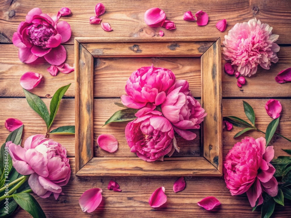 Fototapeta premium Rustic pink peony blooms frame a vintage-styled text space, perfect for announcements.