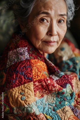 Portrait of an older woman wearing a colorful quilt, suitable for use in stories about grandmothers, family heritage, or cultural traditions photo