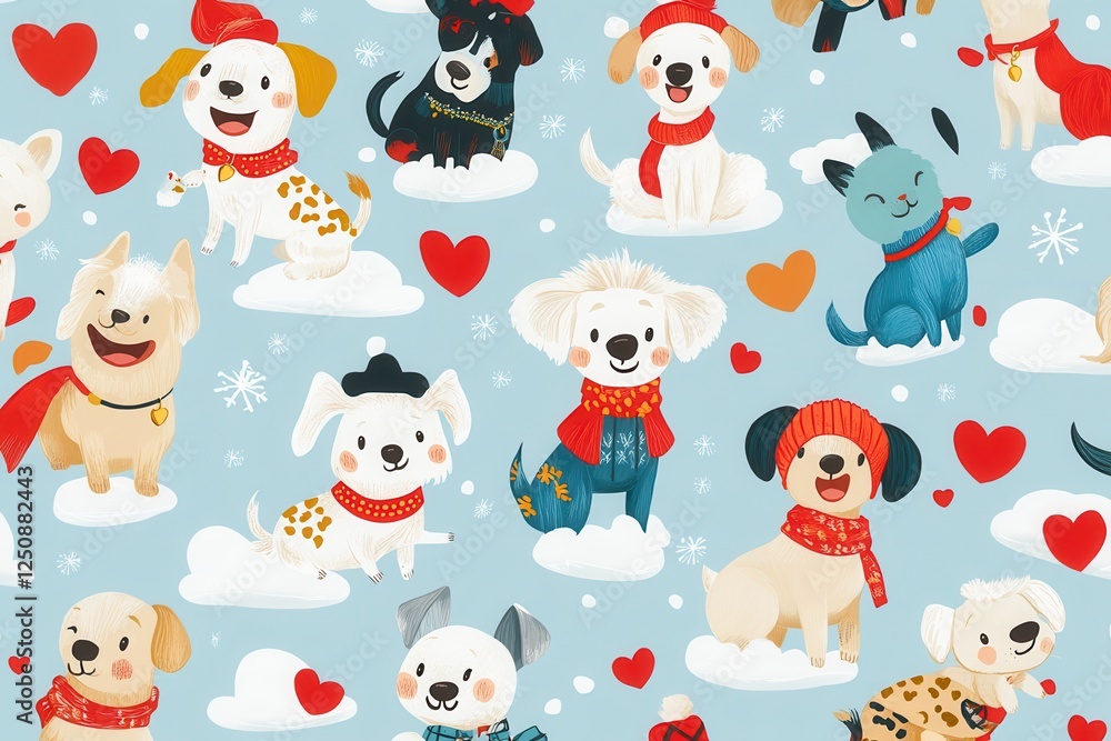 Fototapeta premium Charming cartoon dogs in delightful outfits create a joyful seamless pattern with clouds and hearts in a playful backdrop. Generative AI