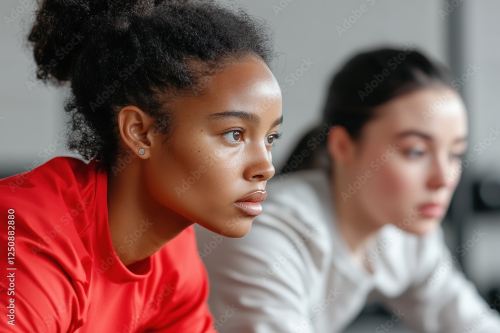 Young women intensely focus on their tasks in a bright, contemporary office setting during a team collaboration Young women intensely focus on their tasks in a bright, contemporary office setting during a team collaboration