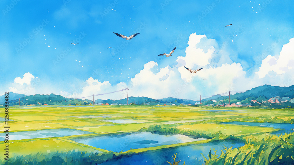 Obraz premium のどかな農村風景｜山々と広がる田んぼ、穏やかな自然の景色