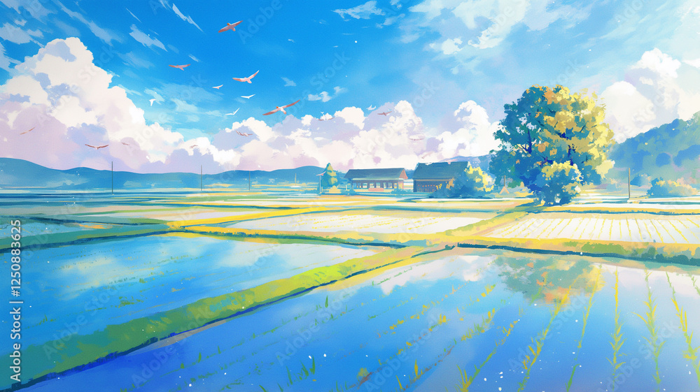 Fototapeta premium のどかな農村風景｜山々と広がる田んぼ、穏やかな自然の景色