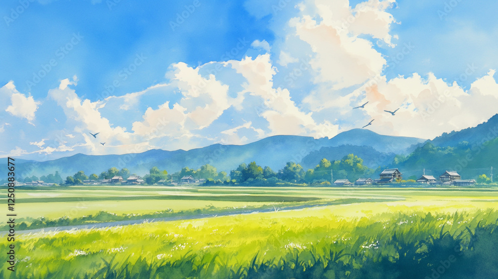 Obraz premium 日本の田園風景｜青空と飛び交う鳥、のどかな田舎の風景