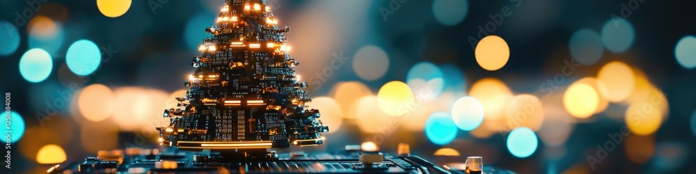 Miniature Christmas tree model with colorful lights in the background, ideal for holiday decorations or editorial use