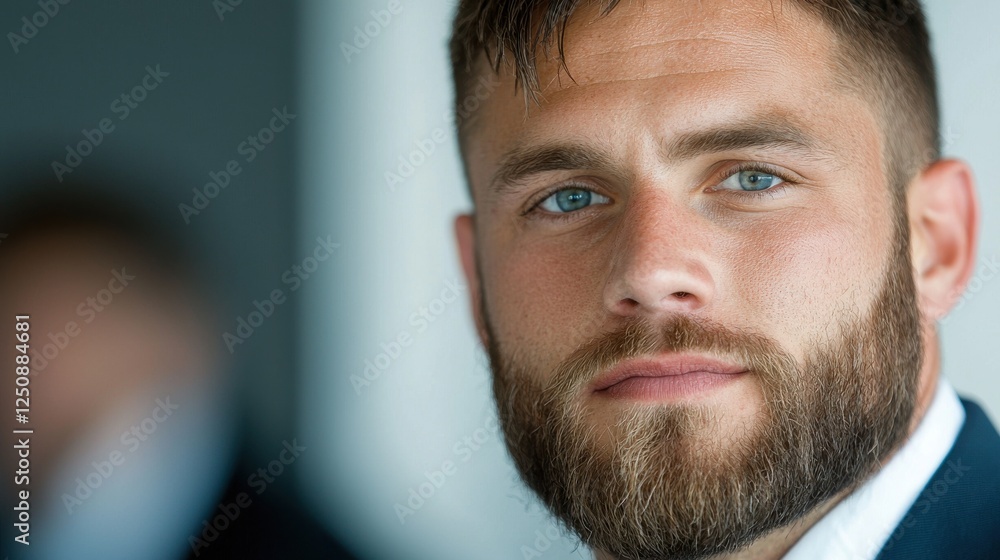 Fototapeta premium Portrait of a young serious looking professional man wearing a tailored suit and tie exuding an air of confidence and authority in a corporate or business setting