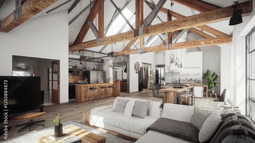 Cozy Modern Loft Interior with Exposed Beams and Open Layout Cozy Modern Loft Interior with Exposed Beams and Open Layout