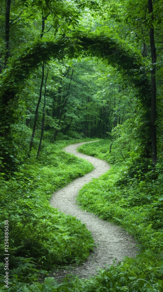 Fototapeta premium Winding path through lush green forest nature scene serene environment close-up view tranquility concept