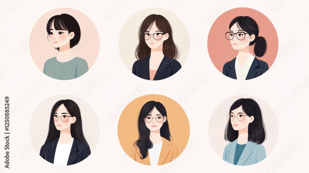 Set of six circular avatars illustrating Japanese women in professional attire. The design features flat vector graphics in pastel colors Set of six circular avatars illustrating Japanese women in professional attire. The design features flat vector graphics in pastel colors