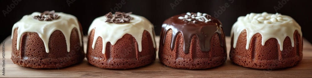 Fototapeta premium A plate of four chocolate bundt cakes with white icing and chocolate sprinkles