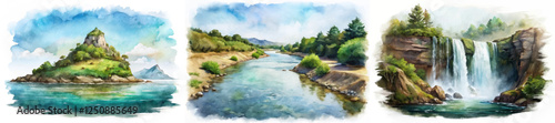 Scenic watercolor landscapes, tranquil river views, lush greenery, majestic waterfall, nature's beauty, artistic expression.