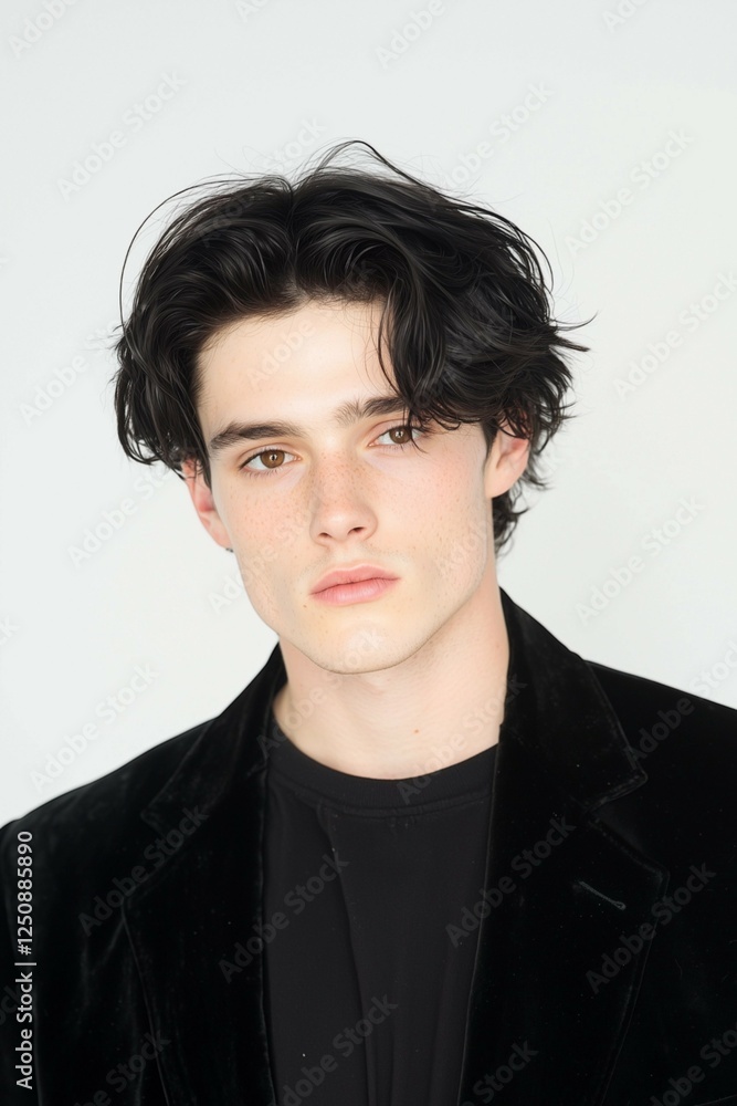 Young Man in Black Velvet Jacket with Natural Freckles Young Man in Black Velvet Jacket with Natural Freckles