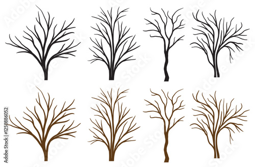 Tree silhouettes. Evergreen forest and spruces black shapes. Wild nature trees templates. Vector illustration woodland trees set on white background. Doodle naked tree branch. Tree trunk with no leaf