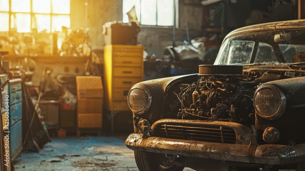 Fototapeta premium Vintage Car in Dusty Garage with Natural Light Streaming In
